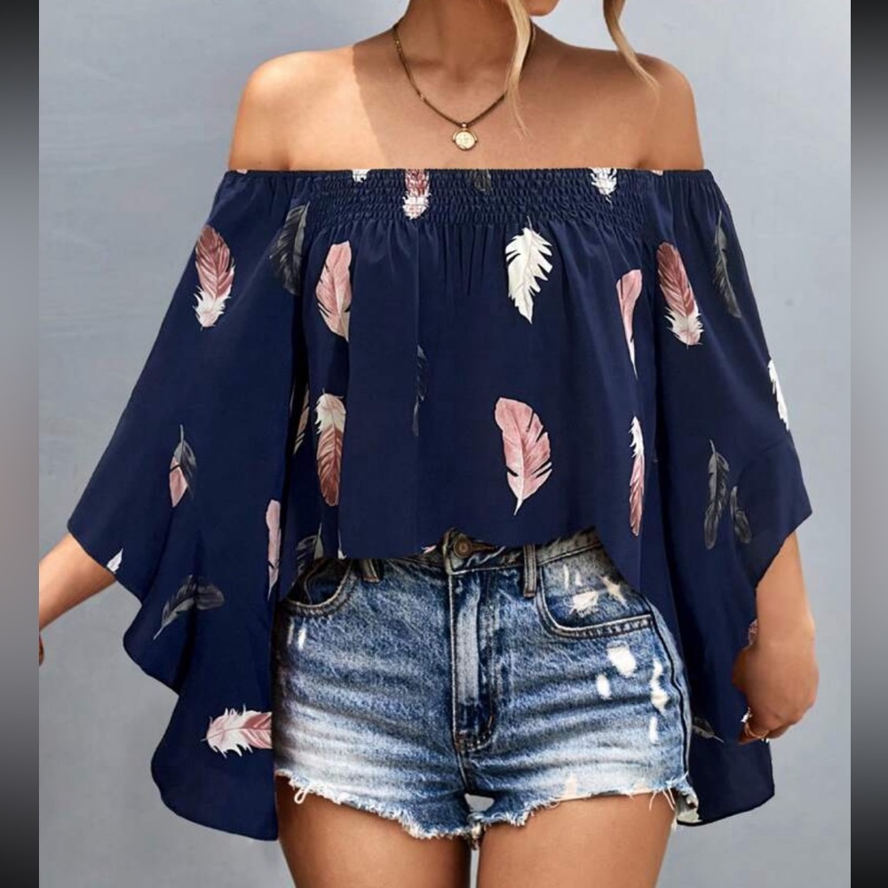 Feather Print Off Shoulder Smocked Flare Long Batwing Sleeve Top Blouse Shirt